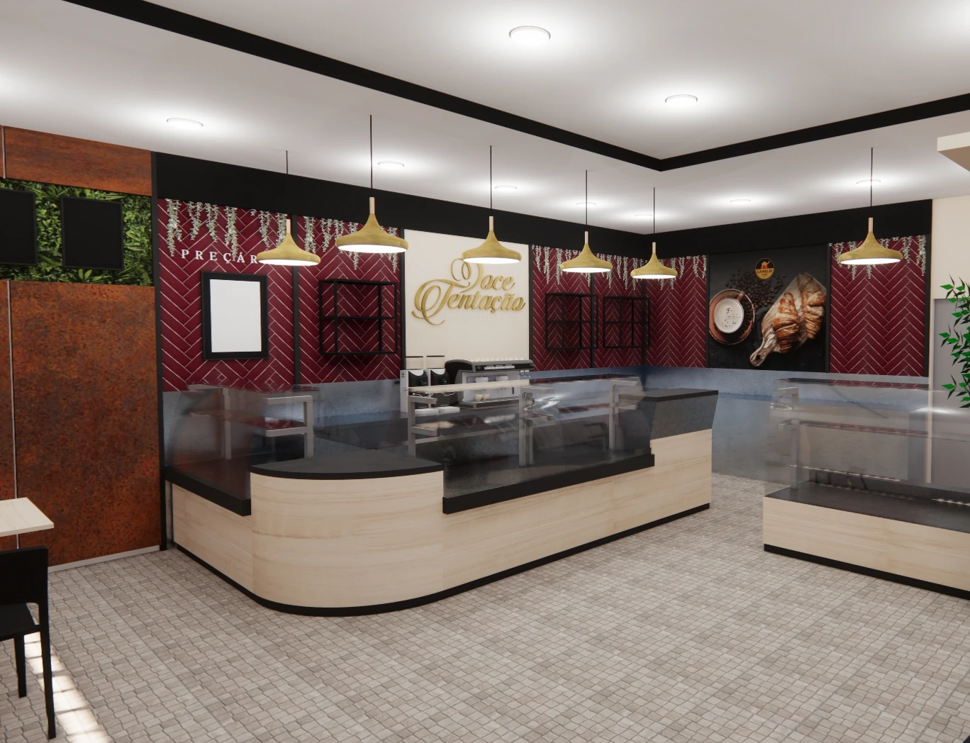 Interior de uma pastelaria moderna e acolhedora.